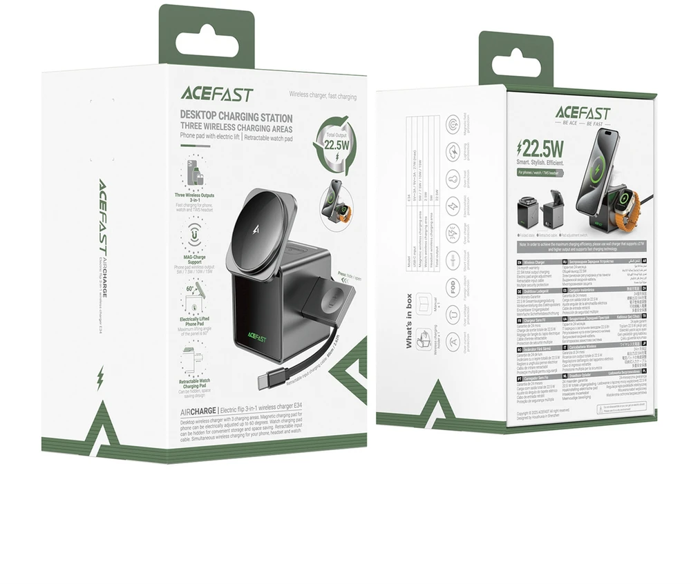 Acefast E34 22,5 W 3 viename indukcinis įkroviklis su integruotu laidu išmaniajam telefonui ir išmaniajam laikrodžiui – pilkas