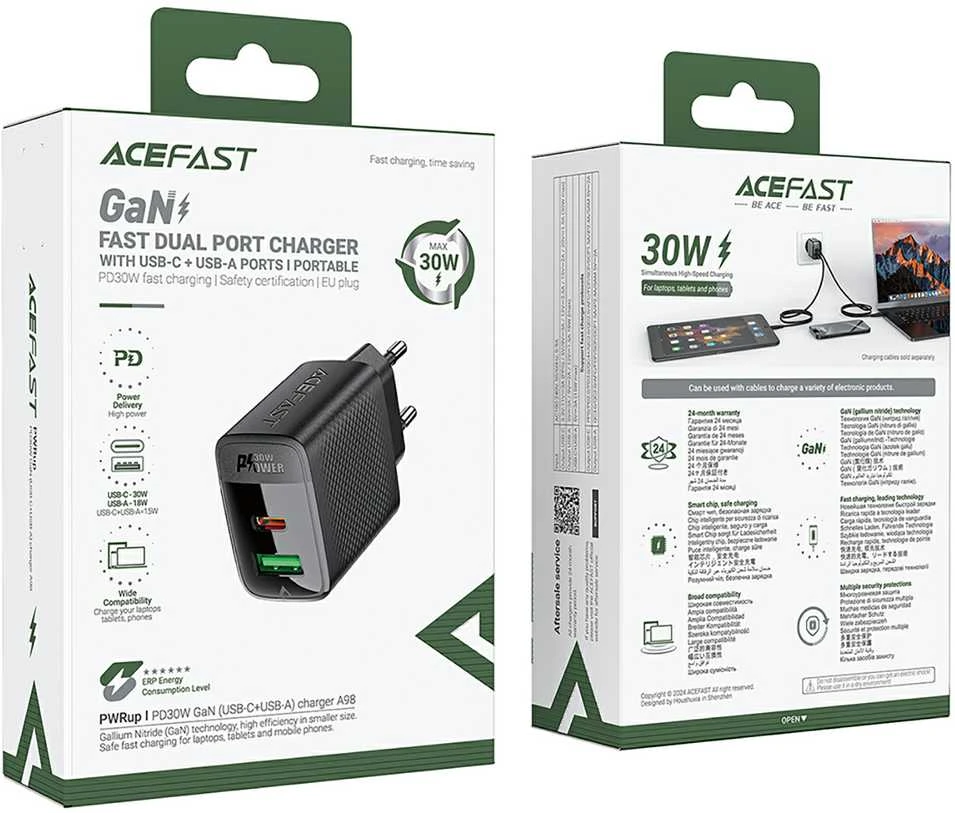 Įkroviklis Acefast A98 30W GaN USB-C/USB-A juodas