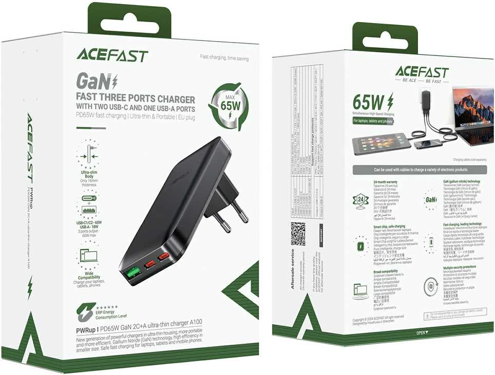 Acefast A100 65W GaN 2 USB-C+ USB-A įkroviklis Ultra Slim – juodos spalvos