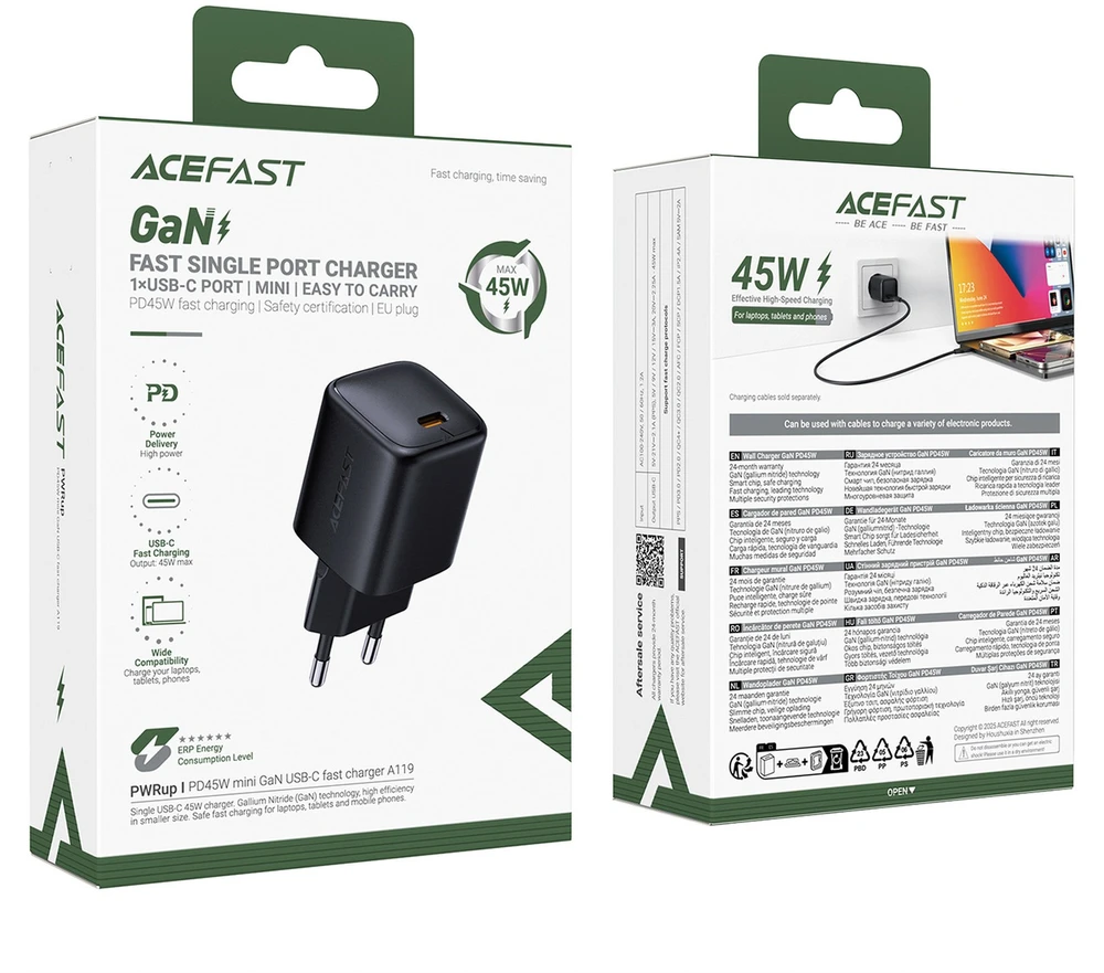 Acefast A119 GaN PD 45W USB-C sieninis įkroviklis – juodas