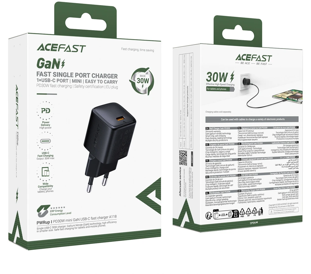 Acefast A118 GaN PD 30W USB-C sieninis įkroviklis - Juodas
