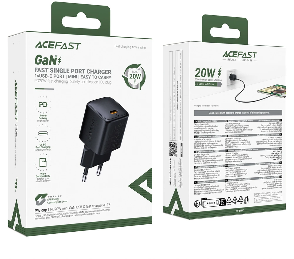 Acefast A117 GaN PD 20W USB-C sieninis įkroviklis - Juodas