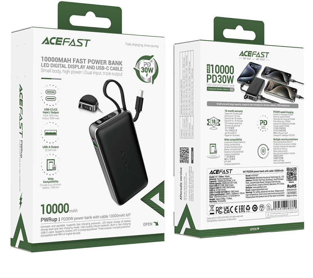 Išorinė baterija Power Bank Acefast M7-10000 PD30W With Cable 10000mAh juoda