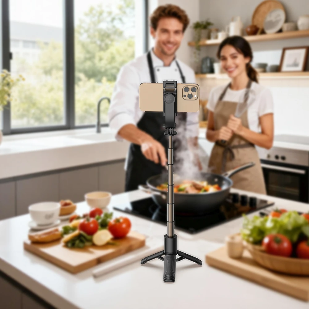 Acefast E42 asmenukių lazda su automatiniu trikoju ir „Bluetooth“ nuotolinio valdymo pultu, 63 cm – juoda