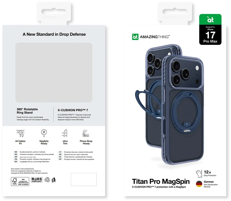 AmazingThing Titan Pro MagSpin dėklas skirtas Apple iPhone 17 Pro Max suderinamas su MagSafe – mėlynos spalvos
