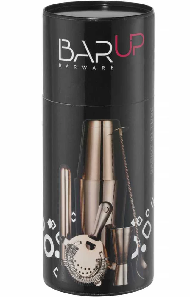 Bar Up Barmeno rinkinys tūbelėje, purtyklė, maišyklė, sietelis, purtytuvas, šaukštas - varis