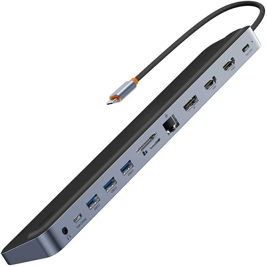 Hub 12w1 Baseus EliteJoy Gen2 serijos USB-C do 2xHDMI+ 3xUSB 3.0+ PD+ DP+ SD/TF+ RJ45+Type-C+ 3.5 mm (tamsiai pilka)
