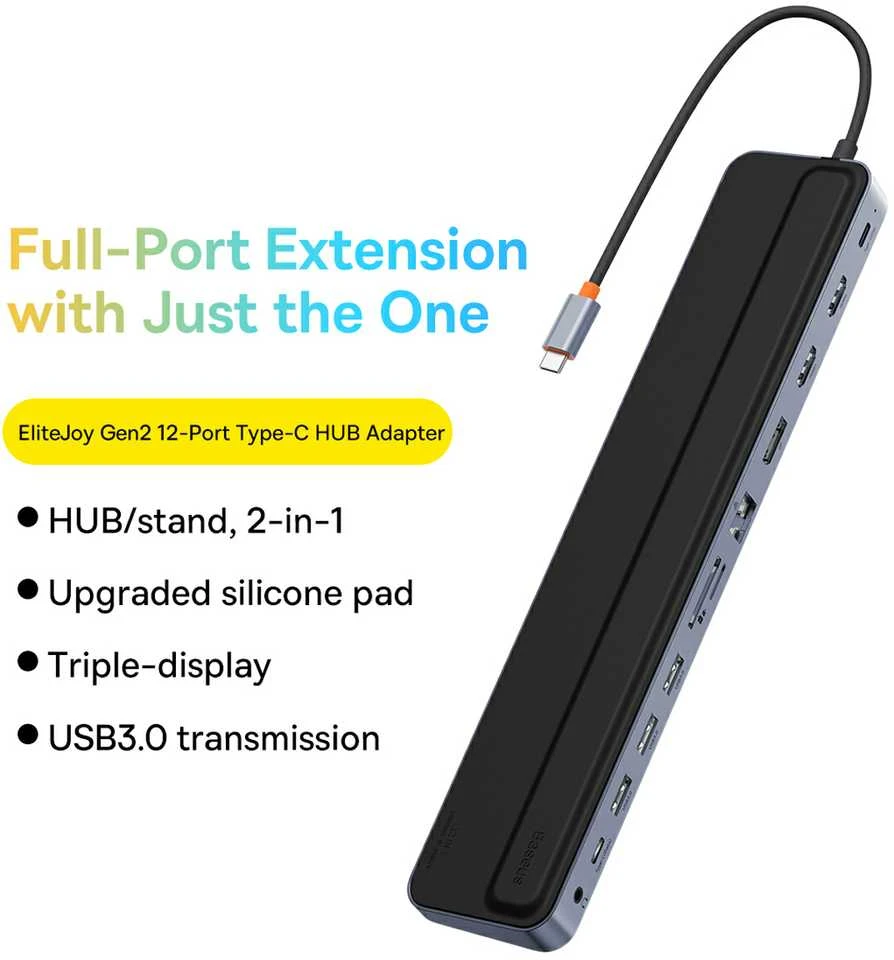 Hub 12w1 Baseus EliteJoy Gen2 serijos USB-C do 2xHDMI+ 3xUSB 3.0+ PD+ DP+ SD/TF+ RJ45+Type-C+ 3.5 mm (tamsiai pilka)