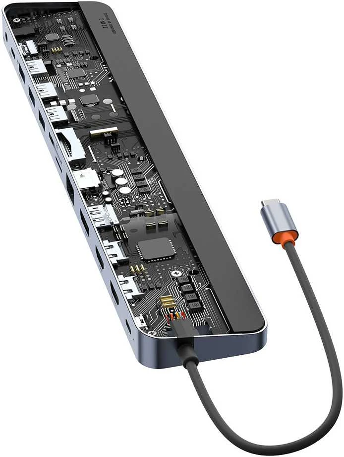 Hub 12w1 Baseus EliteJoy Gen2 serijos USB-C do 2xHDMI+ 3xUSB 3.0+ PD+ DP+ SD/TF+ RJ45+Type-C+ 3.5 mm (tamsiai pilka)