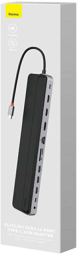 Hub 12w1 Baseus EliteJoy Gen2 serijos USB-C do 2xHDMI+ 3xUSB 3.0+ PD+ DP+ SD/TF+ RJ45+Type-C+ 3.5 mm (tamsiai pilka)