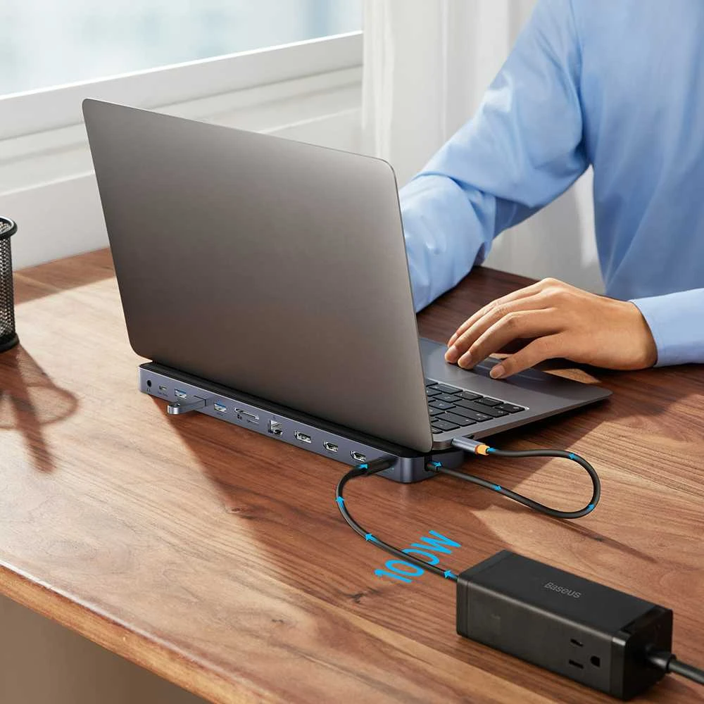 Hub 12w1 Baseus EliteJoy Gen2 serijos USB-C do 2xHDMI+ 3xUSB 3.0+ PD+ DP+ SD/TF+ RJ45+Type-C+ 3.5 mm (tamsiai pilka)