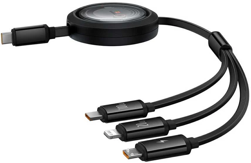Greito įkrovimo laidas 3in1 Baseus Free2Draw USB-C prie USB-C/Lightning/Micro 100W, 1.1m (juodas)