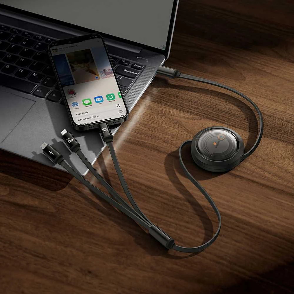 Greito įkrovimo laidas 3in1 Baseus Free2Draw USB-C prie USB-C/Lightning/Micro 100W, 1.1m (juodas)