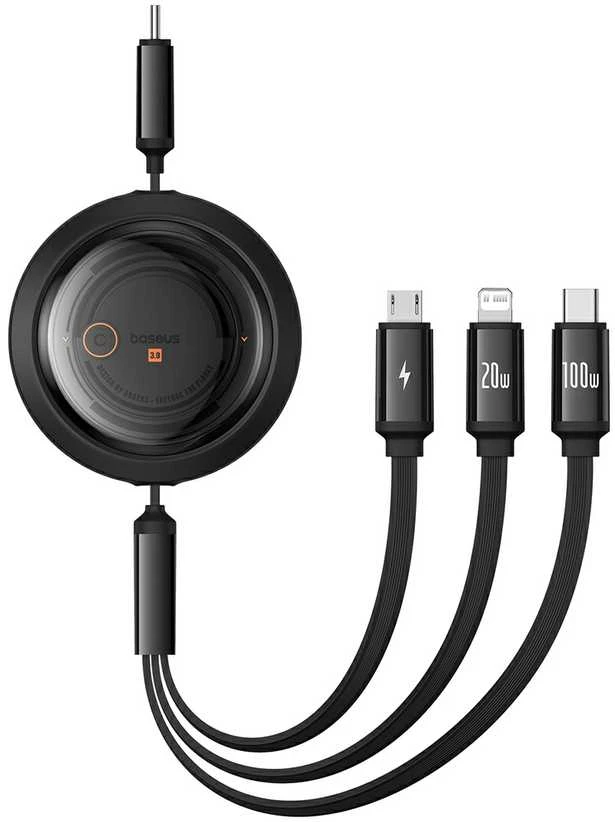 Greito įkrovimo laidas 3in1 Baseus Free2Draw USB-C prie USB-C/Lightning/Micro 100W, 1.1m (juodas)