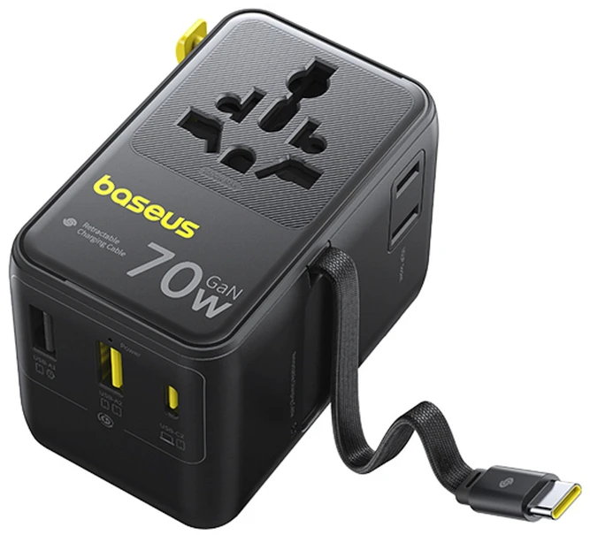 Baseus EnerCore CG11 70W „6-in-1“ kelioninis adapteris su įtraukiamu USB-C laidu - juodas