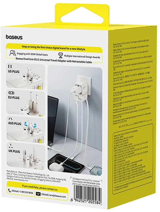 Baseus EnerCore CG11 70W „6-in-1“ kelionių adapteris su ištraukiamu USB-C laidu – baltas