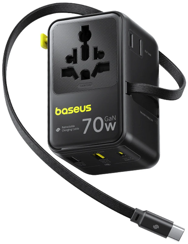 Baseus EnerCore CG11 70W „6-in-1“ kelioninis adapteris su įtraukiamu USB-C laidu - juodas
