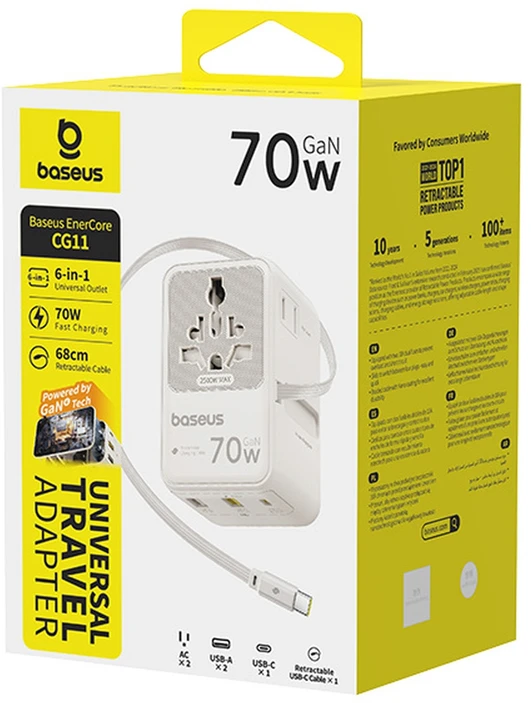 Baseus EnerCore CG11 70W „6-in-1“ kelionių adapteris su ištraukiamu USB-C laidu – baltas