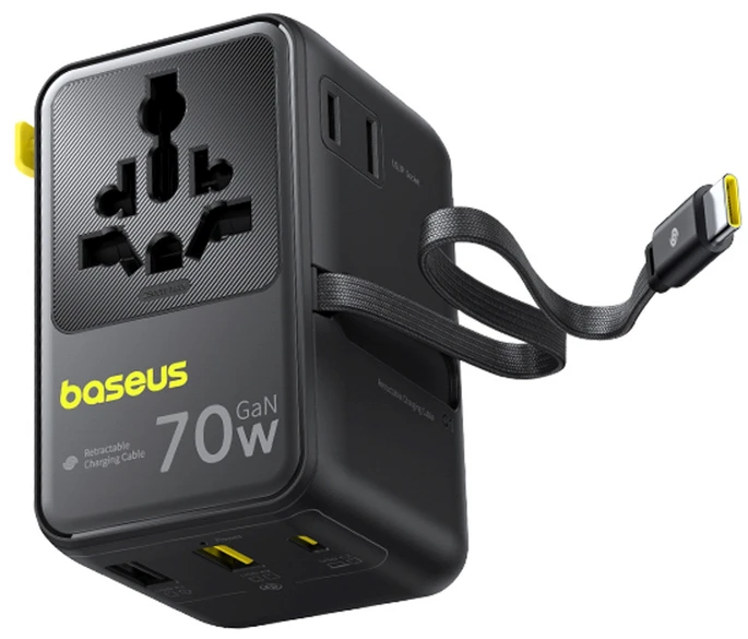 Baseus EnerCore CG11 70W „6-in-1“ kelioninis adapteris su įtraukiamu USB-C laidu - juodas