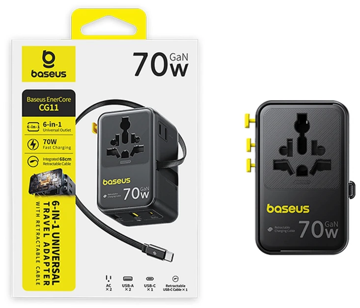 Baseus EnerCore CG11 70W „6-in-1“ kelioninis adapteris su įtraukiamu USB-C laidu - juodas