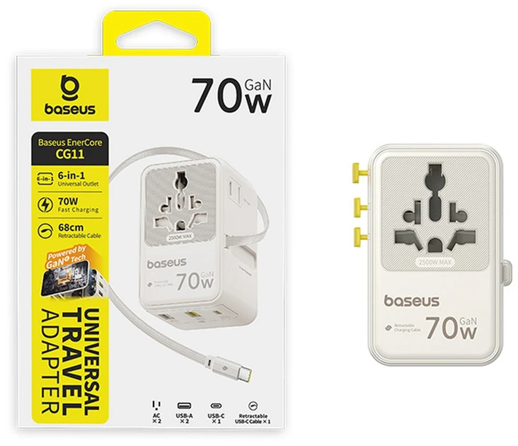 Baseus EnerCore CG11 70W „6-in-1“ kelionių adapteris su ištraukiamu USB-C laidu – baltas