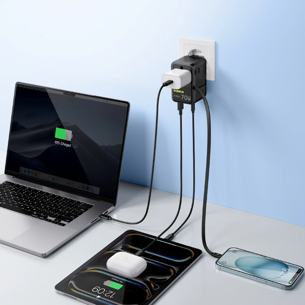 Baseus EnerCore CG11 70W „6-in-1“ kelioninis adapteris su įtraukiamu USB-C laidu - juodas