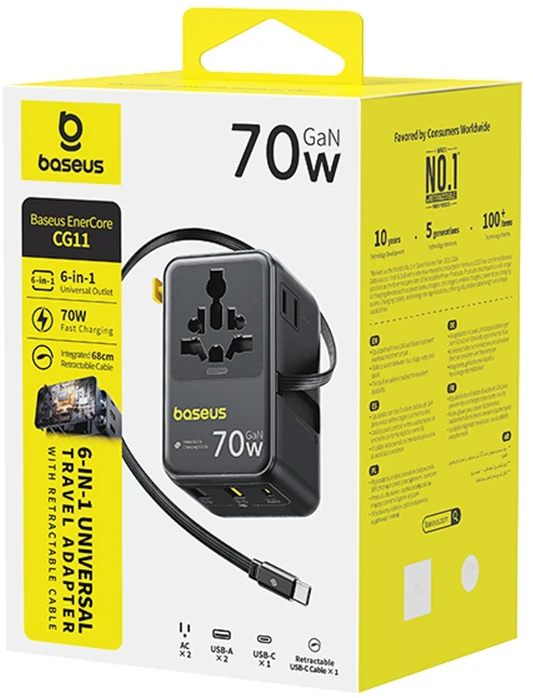Baseus EnerCore CG11 70W „6-in-1“ kelioninis adapteris su įtraukiamu USB-C laidu - juodas