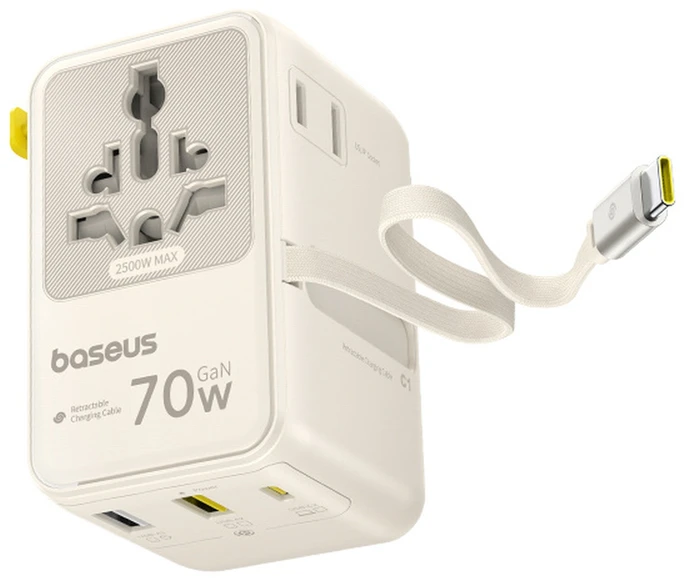 Baseus EnerCore CG11 70W „6-in-1“ kelionių adapteris su ištraukiamu USB-C laidu – baltas