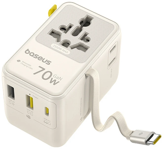 Baseus EnerCore CG11 70W „6-in-1“ kelionių adapteris su ištraukiamu USB-C laidu – baltas