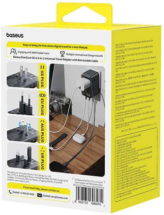 Baseus EnerCore CG11 70W „6-in-1“ kelioninis adapteris su įtraukiamu USB-C laidu - juodas