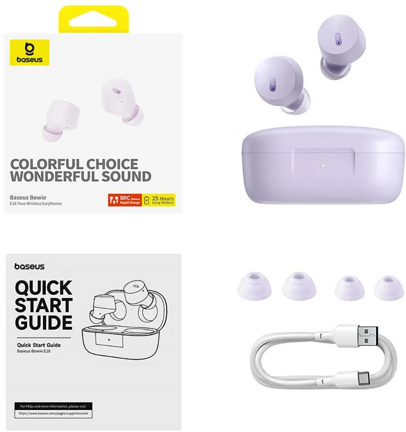 BASEUS belaidės bluetooth ausinės TWS ENC IPX4 Bowie E18 violetinės spalvos