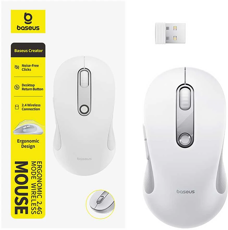 Baseus F02 Ergonominė Bevielė Pelė USB 2.4GHz - Balta