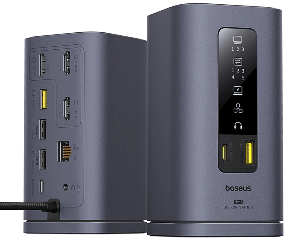„Baseus Spacemate USB-C 11w1“ | 3x HDMI@60Hz | 2x USB-A 10Gb/s | 1x USB-C 10Gb/s | RJ45 | 2x USB-A | 1x USB-C (PD) | 1x minijungtis 3,5 mm, pilka