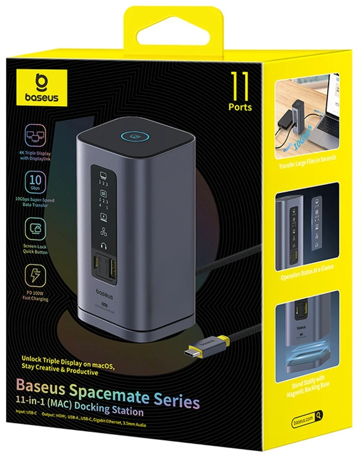 „Baseus Spacemate USB-C 11w1“ | 3x HDMI@60Hz | 2x USB-A 10Gb/s | 1x USB-C 10Gb/s | RJ45 | 2x USB-A | 1x USB-C (PD) | 1x minijungtis 3,5 mm, pilka