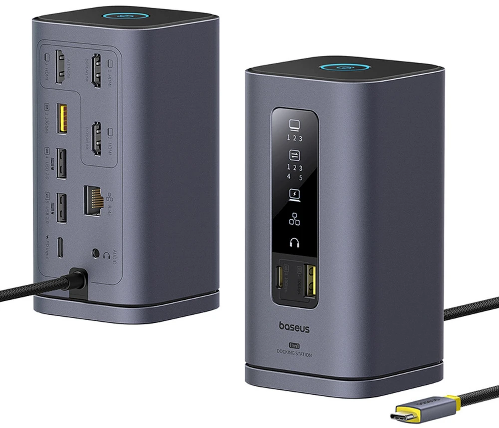 „Baseus Spacemate USB-C 11w1“ | 3x HDMI@60Hz | 2x USB-A 10Gb/s | 1x USB-C 10Gb/s | RJ45 | 2x USB-A | 1x USB-C (PD) | 1x minijungtis 3,5 mm, pilka