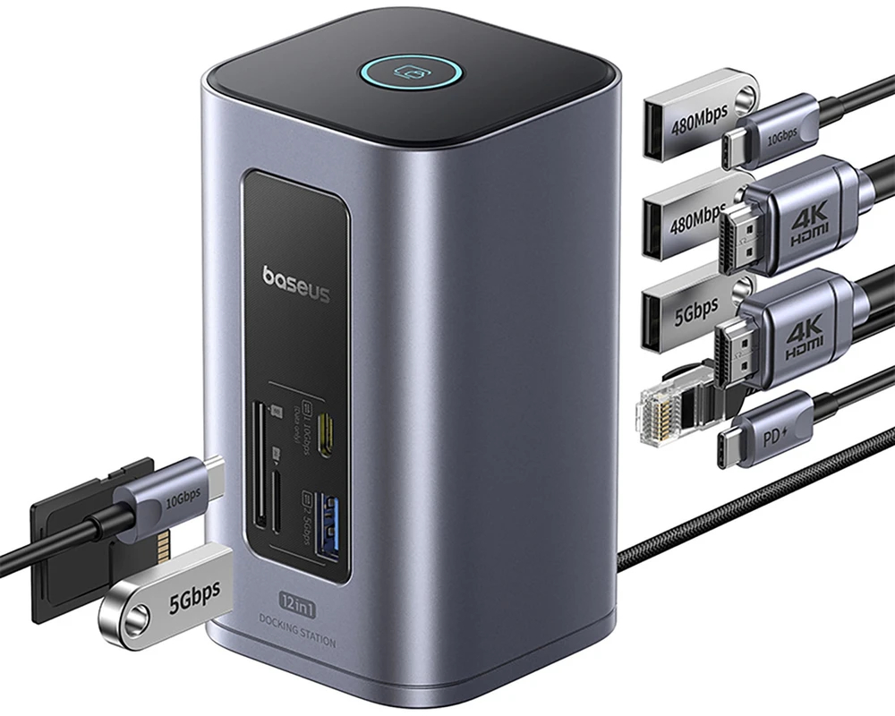 Jungčių stotelė / adapteris 1in12 USB C kištukas - 2xHDMI RJ45 SD/TF USB3 NU1 Air Spacemate BASEUS