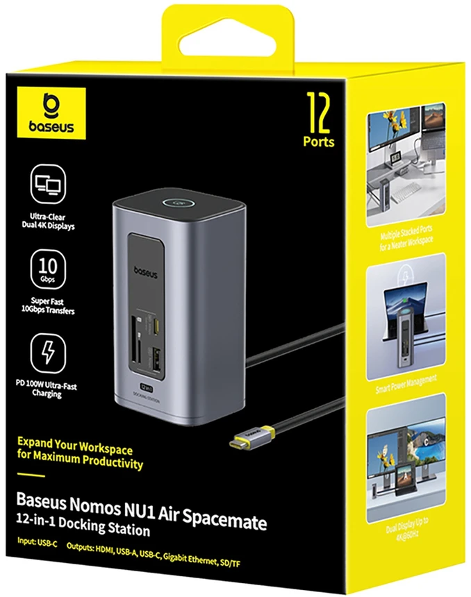 Jungčių stotelė / adapteris 1in12 USB C kištukas - 2xHDMI RJ45 SD/TF USB3 NU1 Air Spacemate BASEUS