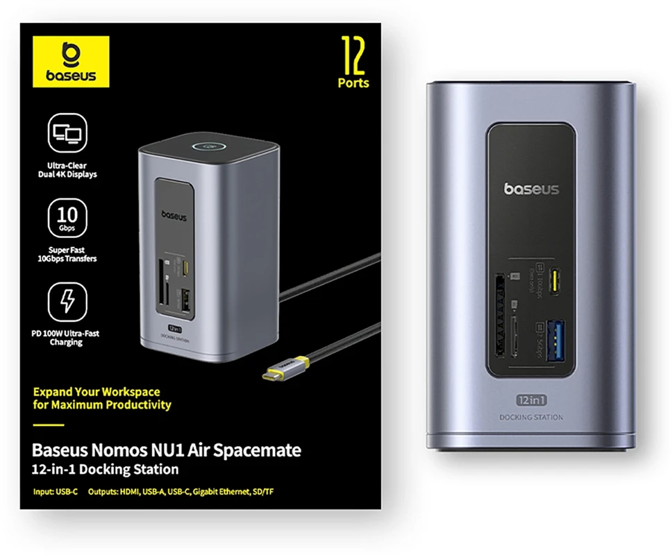 Jungčių stotelė / adapteris 1in12 USB C kištukas - 2xHDMI RJ45 SD/TF USB3 NU1 Air Spacemate BASEUS