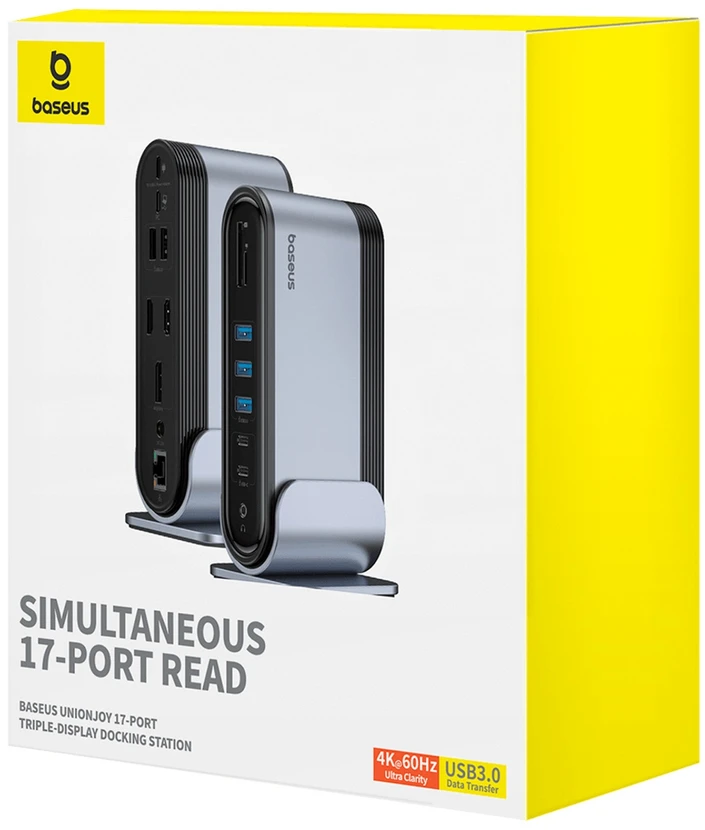 Hub Baseus UnionJoy 17 prievadų (USB-C iki HDMI4K@60Hz*2+DP4K@60Hz*1+USB3.0*3+USB-C3.0*2+USB2.0*2+PD*1+PC*1 + RJ45*1+SD/TF*1+3,5mm*1+DC*1）
