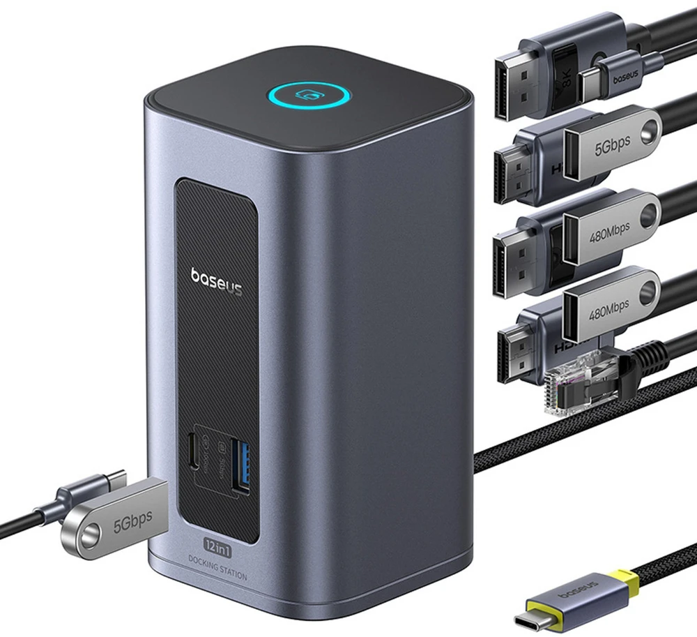 „Baseus Nomos NU1 Air Spacemate 12w1“ | 2x HDMI@60Hz | 2x DP@60Hz | 2x USB-C | 2x USBA-A iki 5Gbps | 2x USB-A | RJ45 jungtis