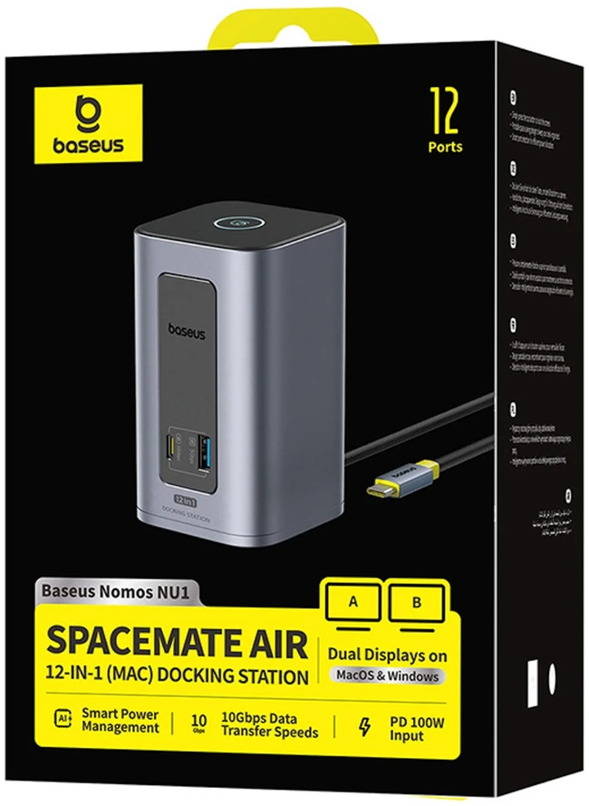 „Baseus Nomos NU1 Air Spacemate 12w1“ | 2x HDMI@60Hz | 2x DP@60Hz | 2x USB-C | 2x USBA-A iki 5Gbps | 2x USB-A | RJ45 jungtis