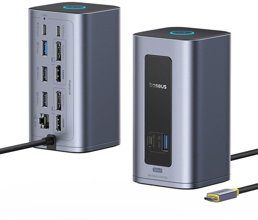 „Baseus Nomos NU1 Air Spacemate 12w1“ | 2x HDMI@60Hz | 2x DP@60Hz | 2x USB-C | 2x USBA-A iki 5Gbps | 2x USB-A | RJ45 jungtis