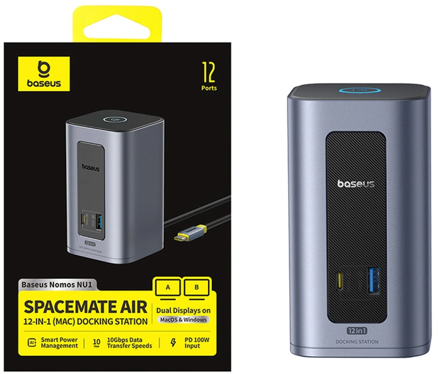 „Baseus Nomos NU1 Air Spacemate 12w1“ | 2x HDMI@60Hz | 2x DP@60Hz | 2x USB-C | 2x USBA-A iki 5Gbps | 2x USB-A | RJ45 jungtis