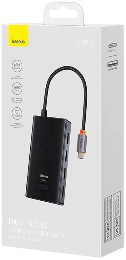 Baseus PioneerJoy 4 x USB-A 3.0 USB-C šakotuvas – pilkas