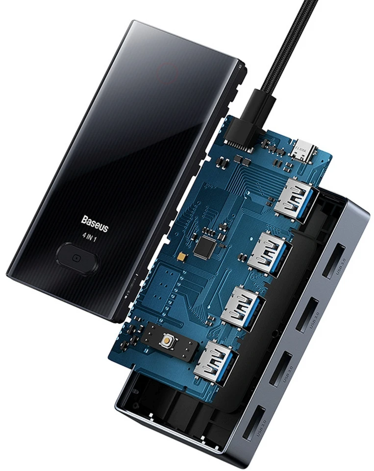 Baseus PioneerJoy 4 x USB-A 3.0 USB-C šakotuvas – pilkas