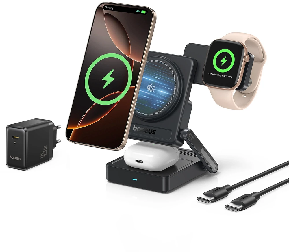 Baseus PicoGo AF21 „3-in-1“ Qi2.2 35W belaidis įkroviklis su 45W ES maitinimo adapteriu ir 1 m USB-C laidu – juodas
