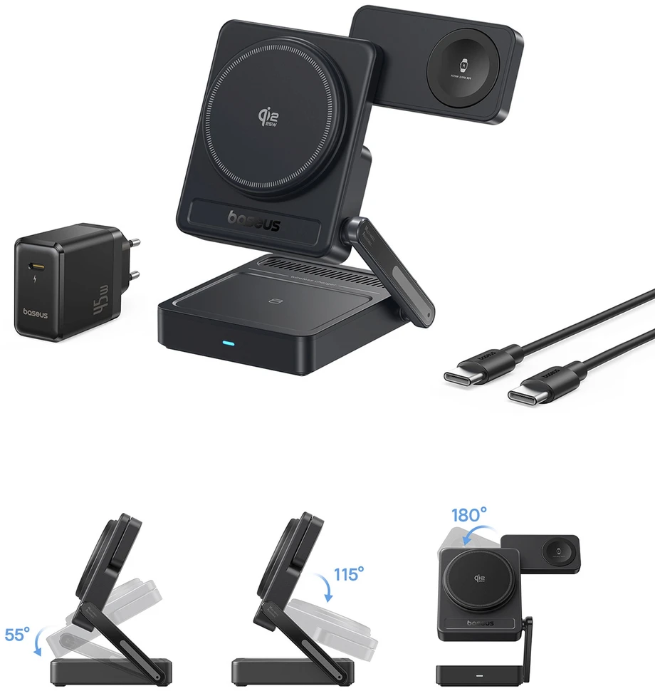 Baseus PicoGo AF21 „3-in-1“ Qi2.2 35W belaidis įkroviklis su 45W ES maitinimo adapteriu ir 1 m USB-C laidu – juodas