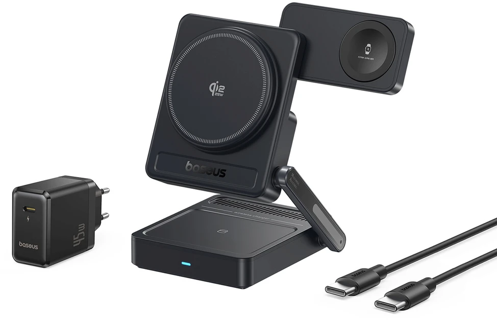 Baseus PicoGo AF21 „3-in-1“ Qi2.2 35W belaidis įkroviklis su 45W ES maitinimo adapteriu ir 1 m USB-C laidu – juodas