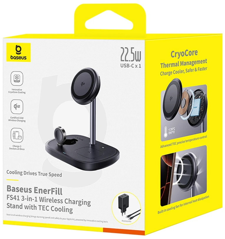„Baseus EnerFill FS41 3in1“ aušinamas nešiojamas įkroviklis su ES kištuku, 45 W, USB-C į USB-C laidu - juodas