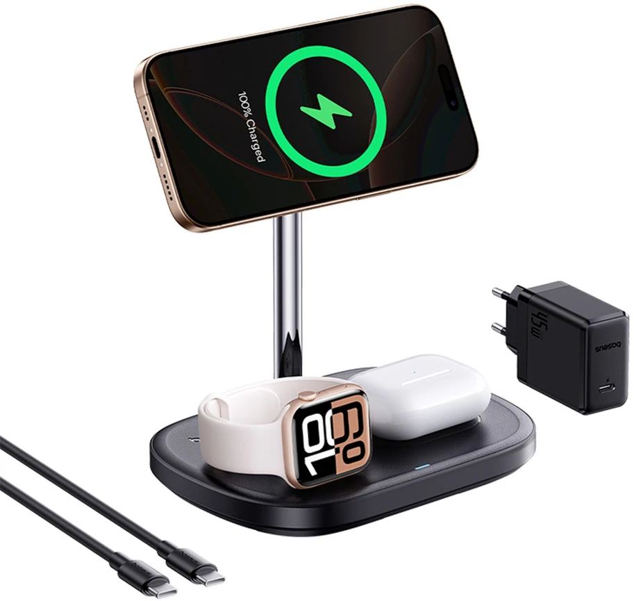„Baseus EnerFill FS41 3in1“ aušinamas nešiojamas įkroviklis su ES kištuku, 45 W, USB-C į USB-C laidu - juodas